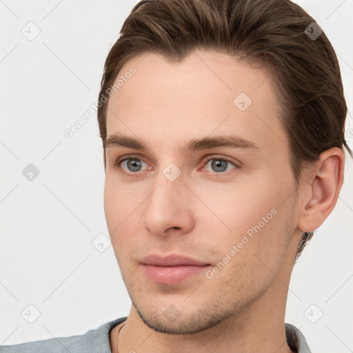 Neutral white young-adult male with short  brown hair and brown eyes