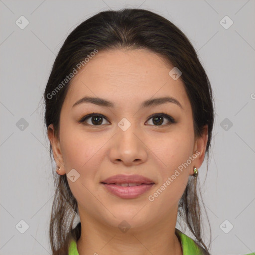 Joyful white young-adult female with medium  brown hair and brown eyes