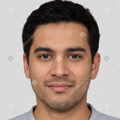 Neutral latino young-adult male with short  black hair and brown eyes