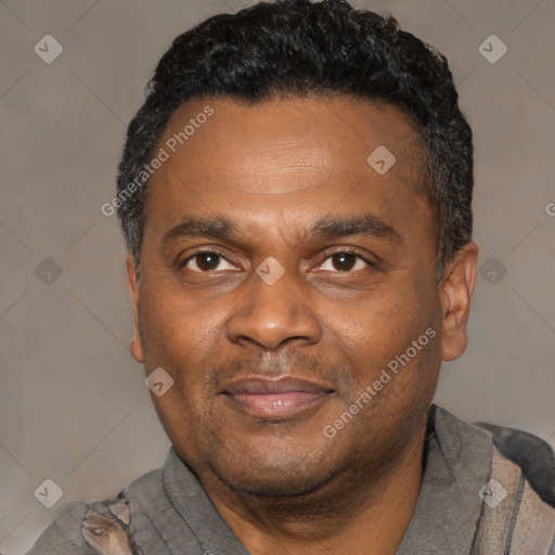 Joyful latino adult male with short  black hair and brown eyes