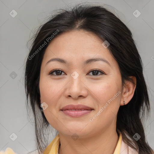 Joyful white young-adult female with medium  brown hair and brown eyes