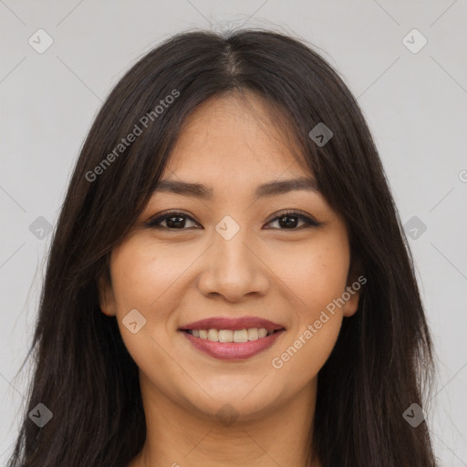 Joyful white young-adult female with long  brown hair and brown eyes