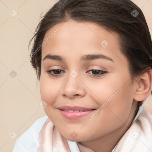 Joyful white child female with medium  brown hair and brown eyes