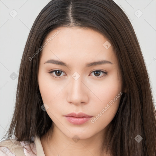 Neutral asian young-adult female with long  brown hair and brown eyes