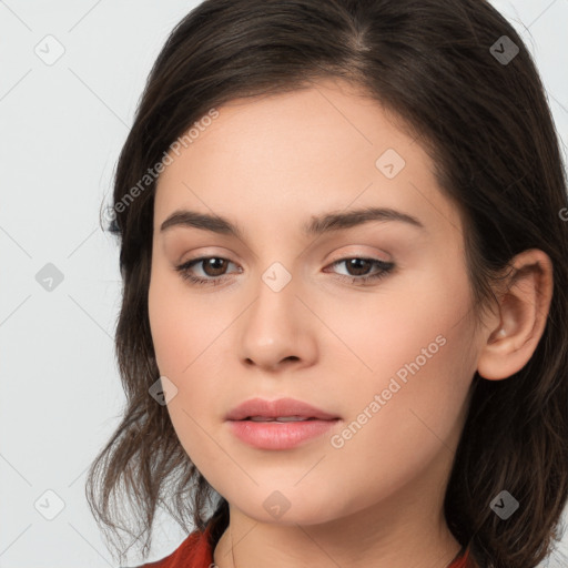 Neutral white young-adult female with long  brown hair and brown eyes