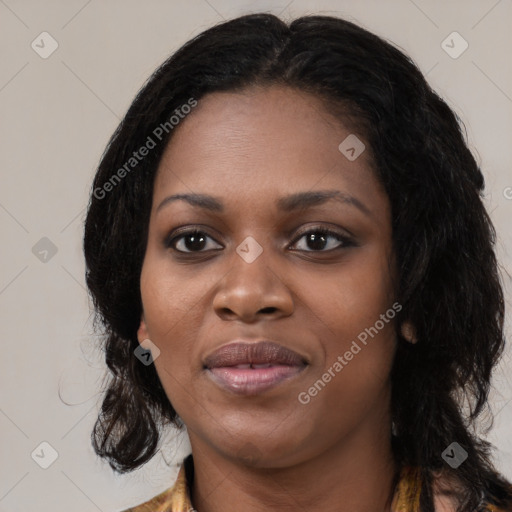 Joyful black young-adult female with medium  black hair and brown eyes