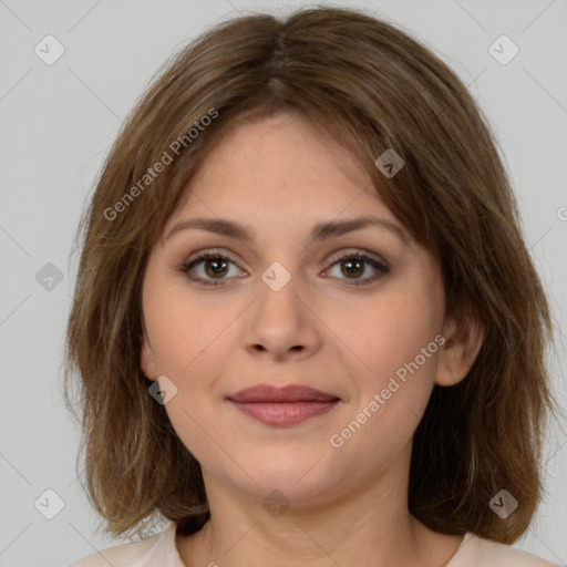 Joyful white young-adult female with medium  brown hair and brown eyes