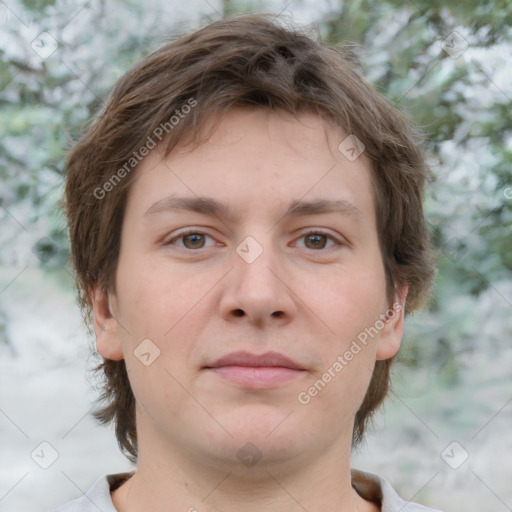 Neutral white young-adult male with short  brown hair and grey eyes