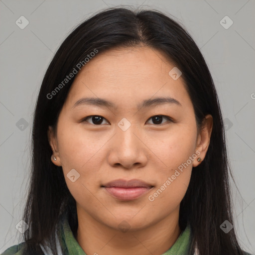 Joyful latino young-adult female with medium  brown hair and brown eyes