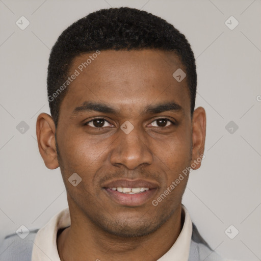 Joyful black young-adult male with short  black hair and brown eyes