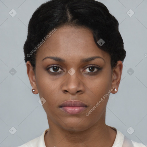 Neutral black young-adult female with short  black hair and brown eyes