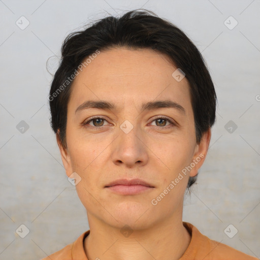 Neutral white young-adult female with short  brown hair and brown eyes