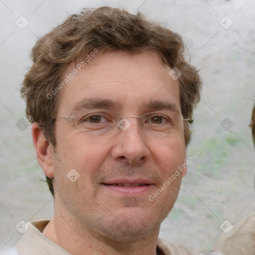 Joyful white adult male with short  brown hair and grey eyes