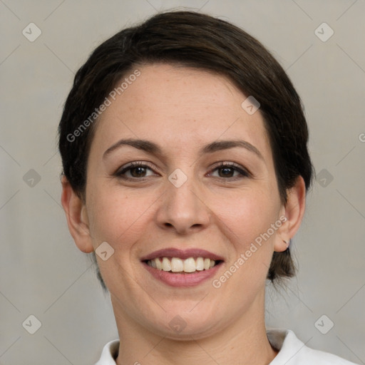 Joyful white adult female with medium  brown hair and brown eyes