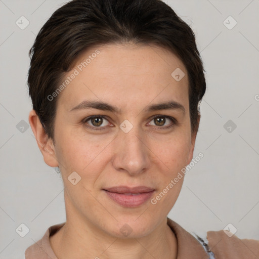 Joyful white young-adult female with short  brown hair and brown eyes