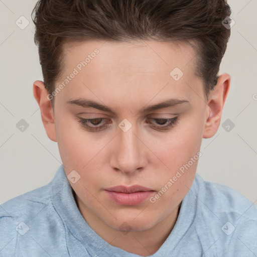 Neutral white young-adult female with short  brown hair and brown eyes