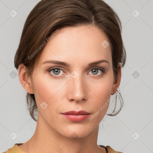 Neutral white young-adult female with medium  brown hair and grey eyes