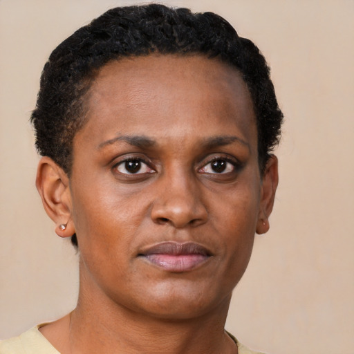 Neutral black young-adult female with short  brown hair and brown eyes