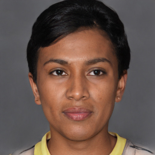 Joyful asian young-adult female with short  black hair and brown eyes