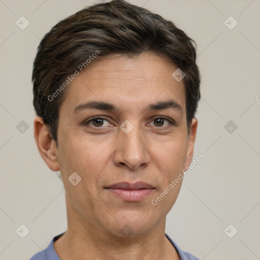 Joyful white adult male with short  brown hair and brown eyes