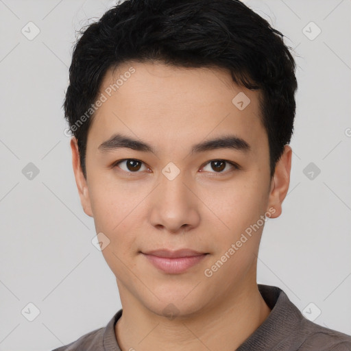 Neutral asian young-adult male with short  black hair and brown eyes