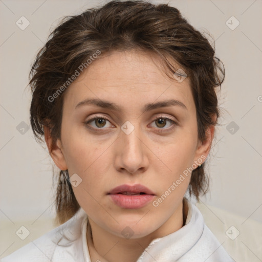 Neutral white young-adult female with medium  brown hair and brown eyes