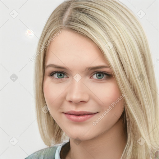 Joyful white young-adult female with long  brown hair and blue eyes