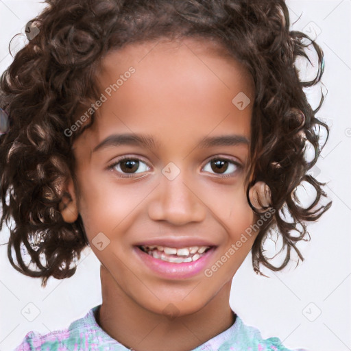 Joyful white child female with medium  brown hair and brown eyes