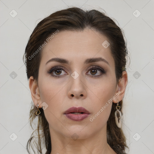 Neutral white young-adult female with medium  brown hair and brown eyes