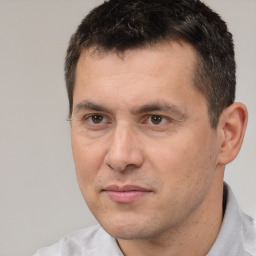 Joyful white adult male with short  brown hair and brown eyes