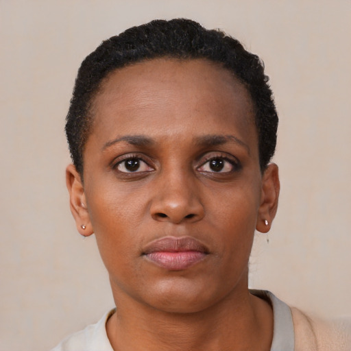 Neutral black young-adult female with short  black hair and brown eyes