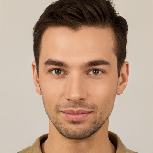 Neutral white young-adult male with short  brown hair and brown eyes