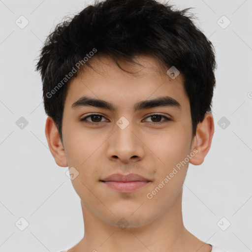 Neutral asian young-adult male with short  black hair and brown eyes