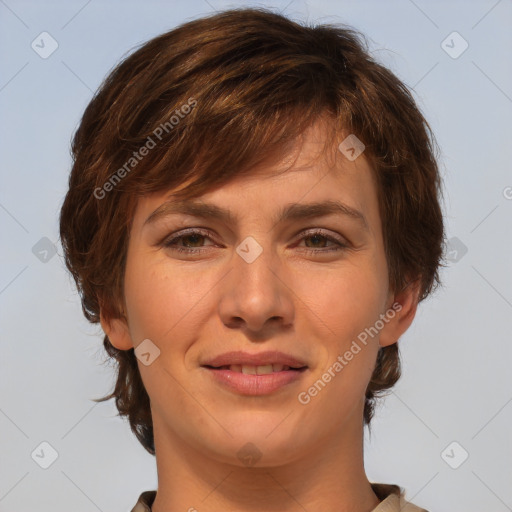 Joyful white young-adult female with medium  brown hair and brown eyes