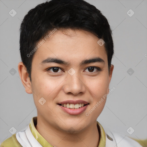 Joyful latino young-adult male with short  brown hair and brown eyes
