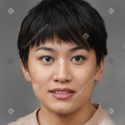 Joyful asian young-adult female with short  brown hair and brown eyes