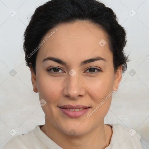 Joyful latino young-adult female with short  brown hair and brown eyes