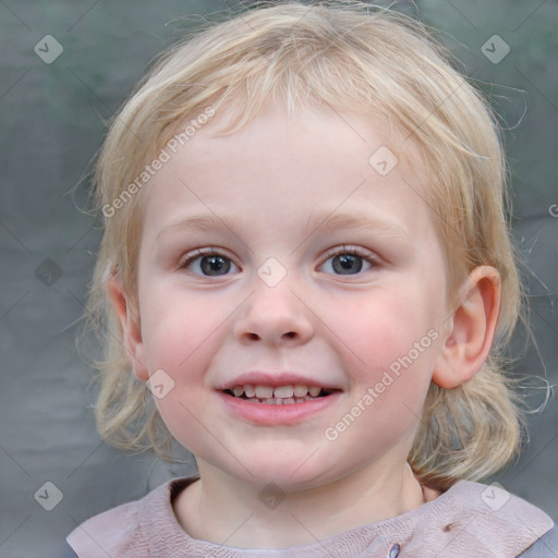 Joyful white child female with medium  brown hair and blue eyes