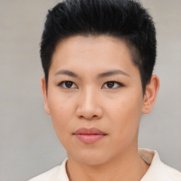 Neutral asian young-adult female with short  black hair and brown eyes