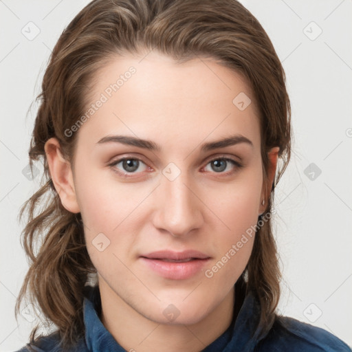 Neutral white young-adult female with medium  brown hair and grey eyes