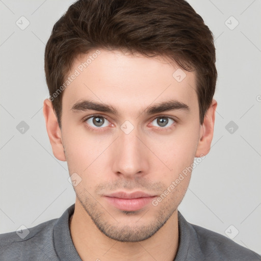 Neutral white young-adult male with short  brown hair and brown eyes