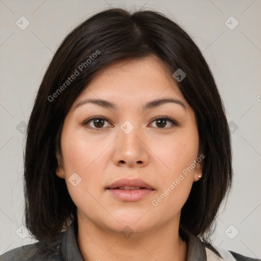 Neutral asian young-adult female with medium  brown hair and brown eyes