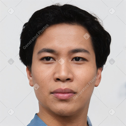 Neutral asian young-adult male with short  black hair and brown eyes