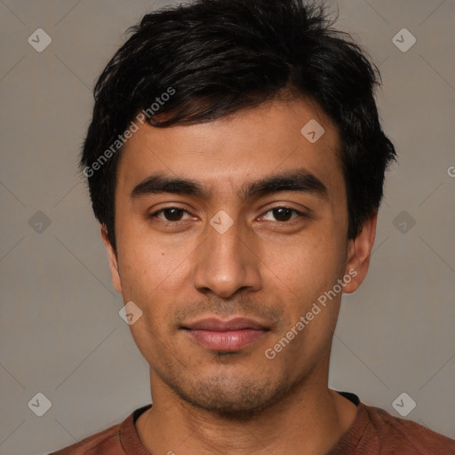 Neutral latino young-adult male with short  black hair and brown eyes