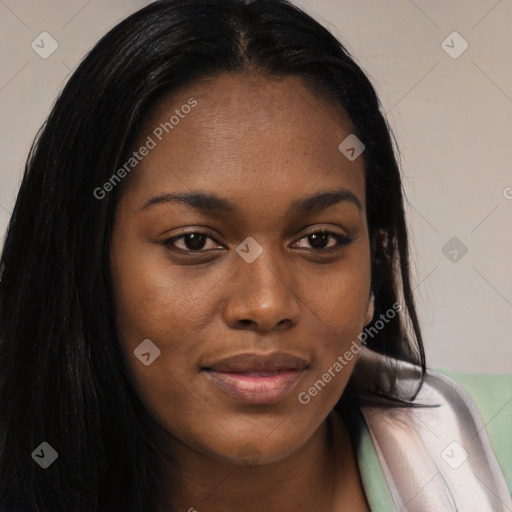 Joyful asian young-adult female with long  brown hair and brown eyes