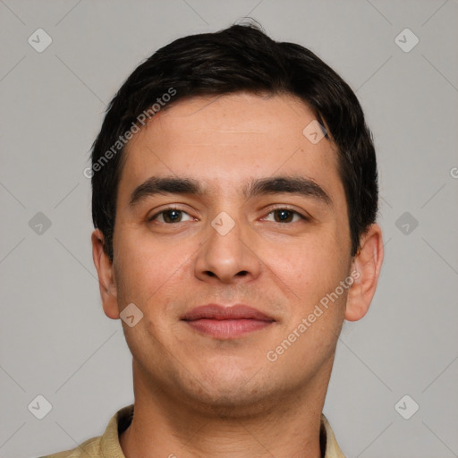 Joyful white young-adult male with short  brown hair and brown eyes