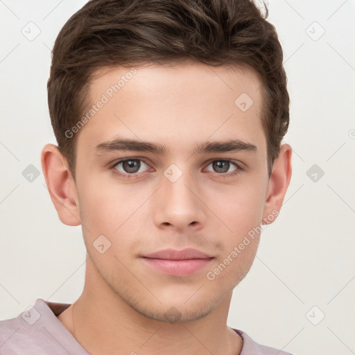 Neutral white young-adult male with short  brown hair and brown eyes