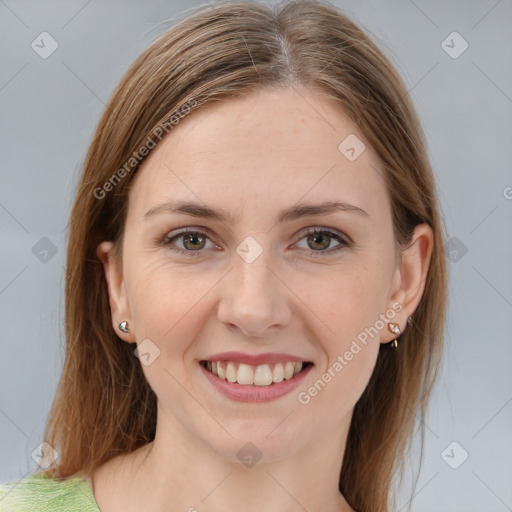 Joyful white young-adult female with medium  brown hair and grey eyes