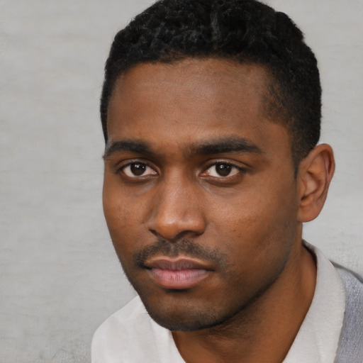 Neutral black young-adult male with short  black hair and brown eyes