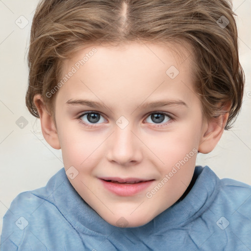 Joyful white child female with short  brown hair and brown eyes